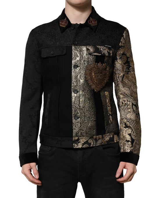 Dolce & Gabbana – Schwarz-goldene Jacquard-Bikerjacke für Herren mit Blumenmuster