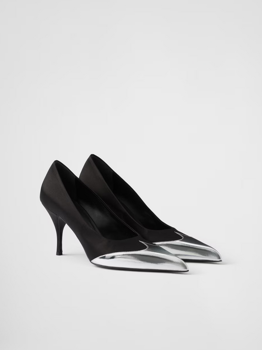Prada Black Satin And Metallic Silver Leather Pumps