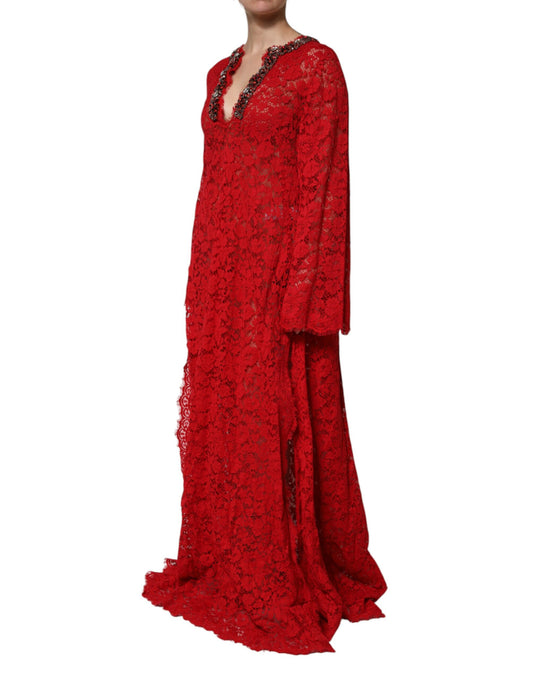 Dolce & Gabbana – Rotes Kleid mit Blumenspitze und Strassverzierung