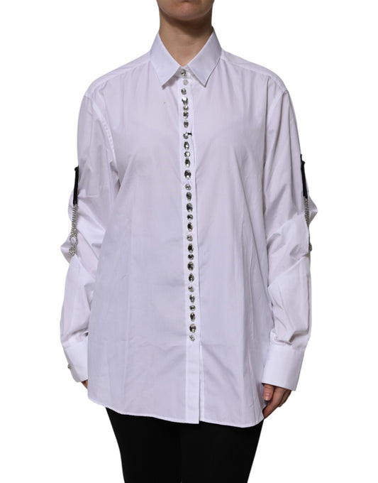 Dolce & Gabbana – Weißes, mit Strass verziertes Langarm-Top