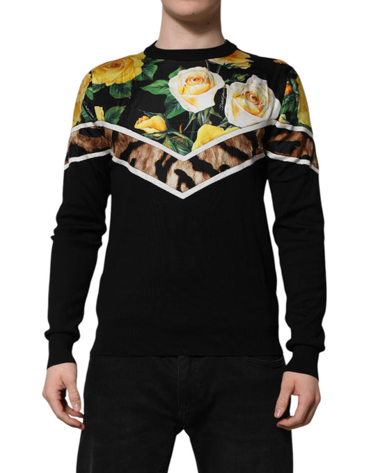 Dolce & Gabbana – Schwarzer Seidenpullover mit Rundhalsausschnitt und Blumenmuster