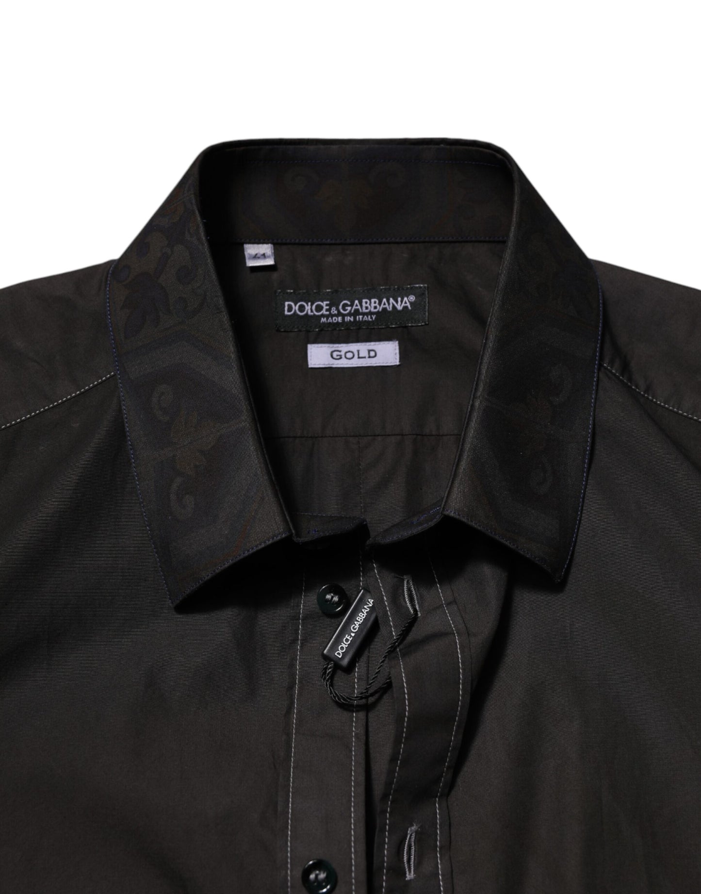 Dolce & Gabbana Schwarzes Baumwoll-Jacquardhemd mit GOLD-Kragen