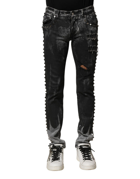 Dolce & Gabbana – Schwarze, verwaschene Skinny-Jeans mit Verzierung