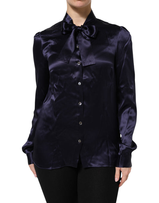Dolce & Gabbana Dark Purple Silk Ascot Collared Blouse Top