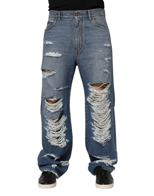 Dolce & Gabbana Blaue Jeans aus zerfetzter Baumwolle mit Logo-Plakette