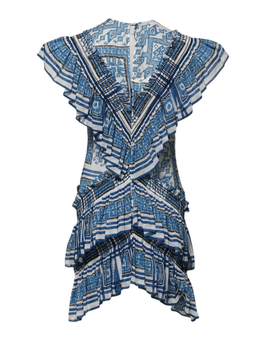 Philosophy di Lorenzo Serafini – Blau gemustertes, mehrlagiges Minikleid mit kurzen Ärmeln
