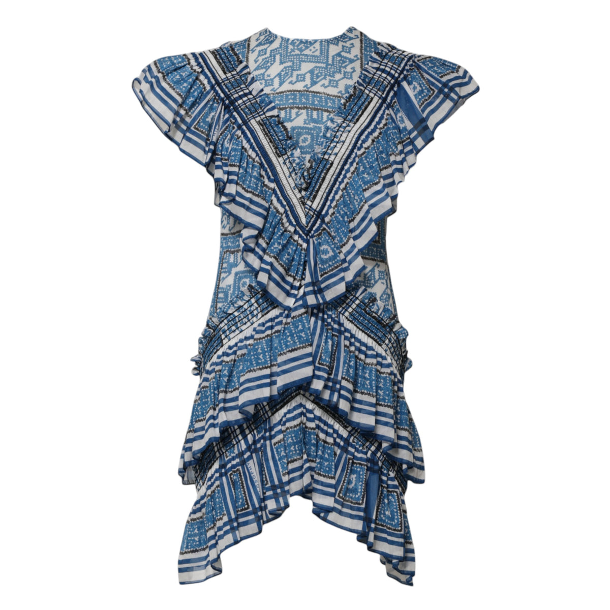Philosophy di Lorenzo Serafini – Blau gemustertes, mehrlagiges Minikleid mit kurzen Ärmeln