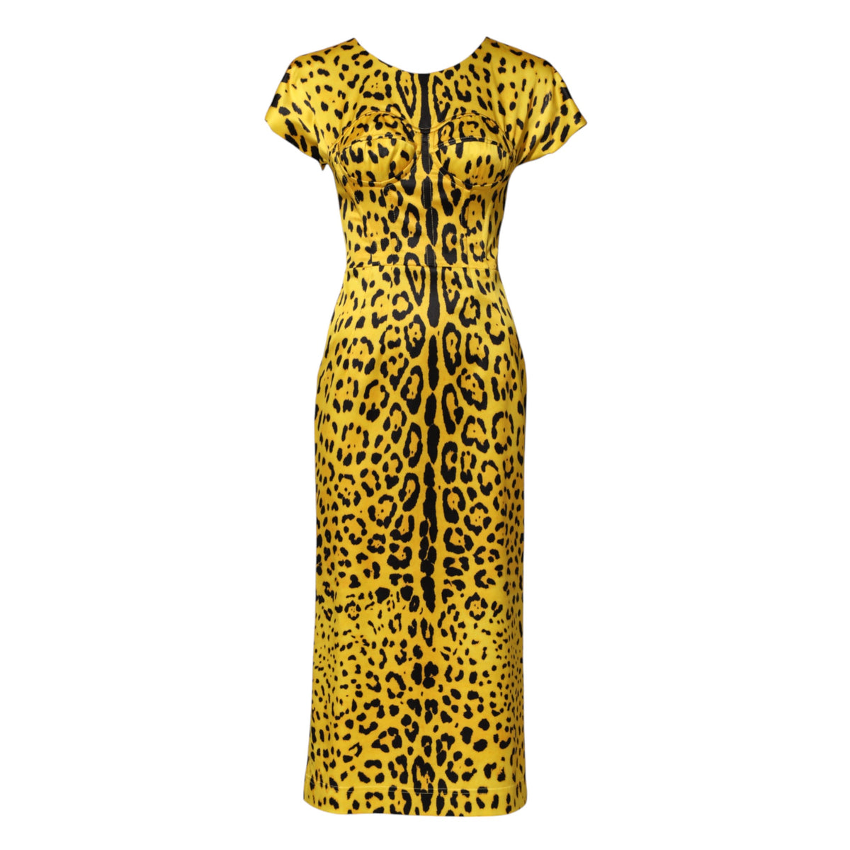 Dolce & Gabbana – Gelbes Midi-Etuikleid aus Polyester mit Leopardenmuster