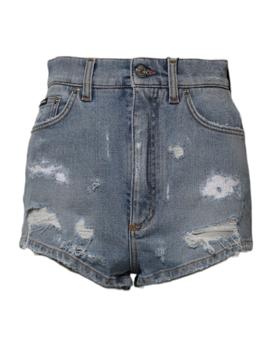 Dolce & Gabbana Blue Tattered Denim Cotton Hot Pants Shorts