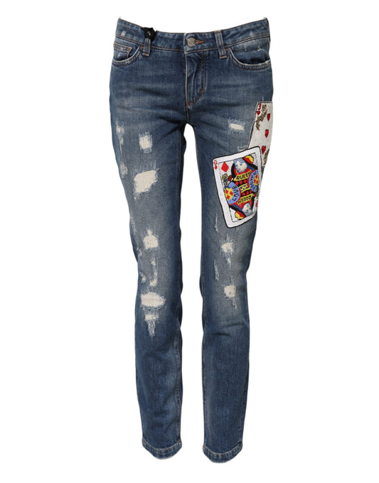 Dolce & Gabbana – Blaue Skinny-Jeans mit Spielkartenstickerei