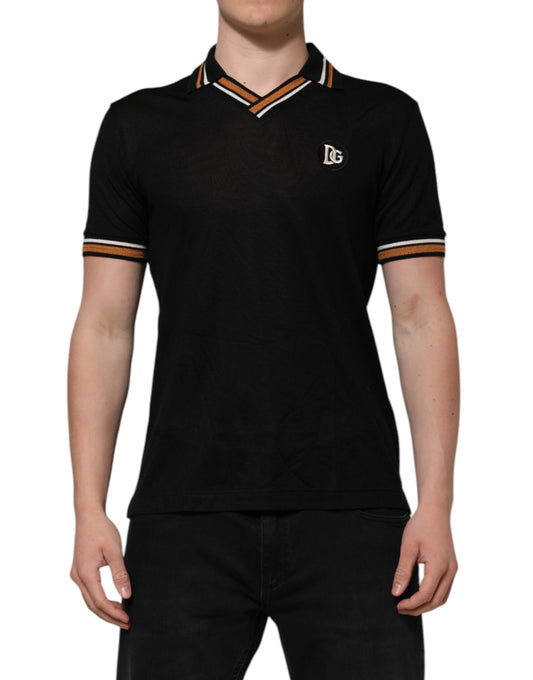Dolce & Gabbana Schwarzes DG-Poloshirt aus Seide mit V-Ausschnitt
