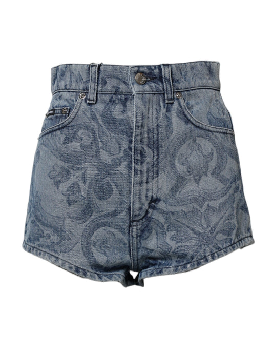 Dolce & Gabbana – Blaue Hotpants-Shorts aus Denim-Baumwolle mit Blumendruck