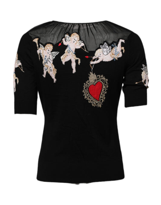 Dolce & Gabbana – Schwarzes Oberteil mit Rundhalsausschnitt und Herz-Jesu-Stickerei