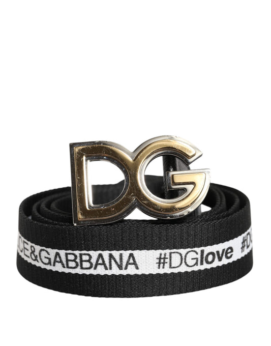Dolce & Gabbana – Schwarzer Baumwollgürtel mit goldfarbener DG-Schnalle aus Metall