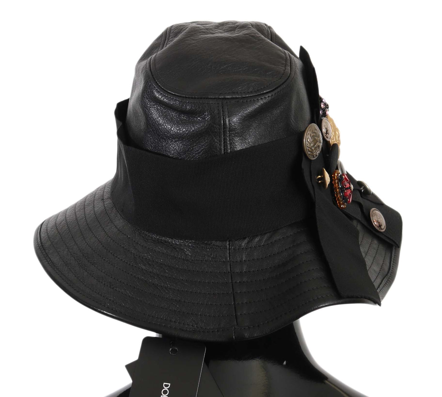 Dolce & Gabbana – Schwarzer Lederhut mit DG-Münzen und Kristallen in breiter Krempe