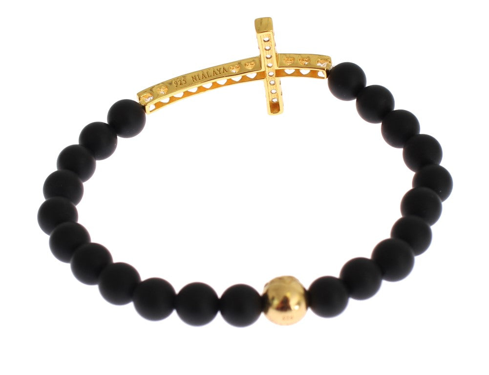 Nialaya Armband mit mattiertem Onyx-Stein und goldenem Zirkonia-Kreuz aus 925er Silber
