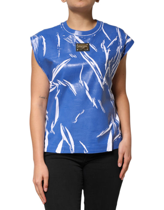 Dolce & Gabbana Damen-Tanktop mit Logo-Plakette aus blau-weißer Baumwolle