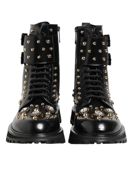 Dolce & Gabbana – Schwarze, wadenlange Schnürstiefel mit Nieten