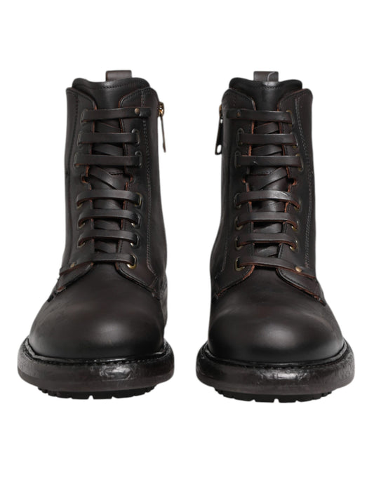 Dolce & Gabbana – Dunkelbraune Lederstiefel mit Schnürung und mittlerer Wadenhöhe