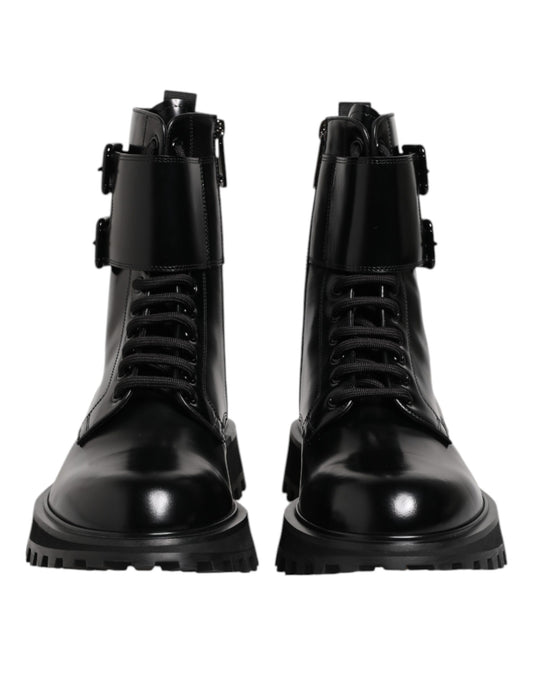 Dolce & Gabbana – Schwarze, wadenhohe Schnürstiefel aus Leder
