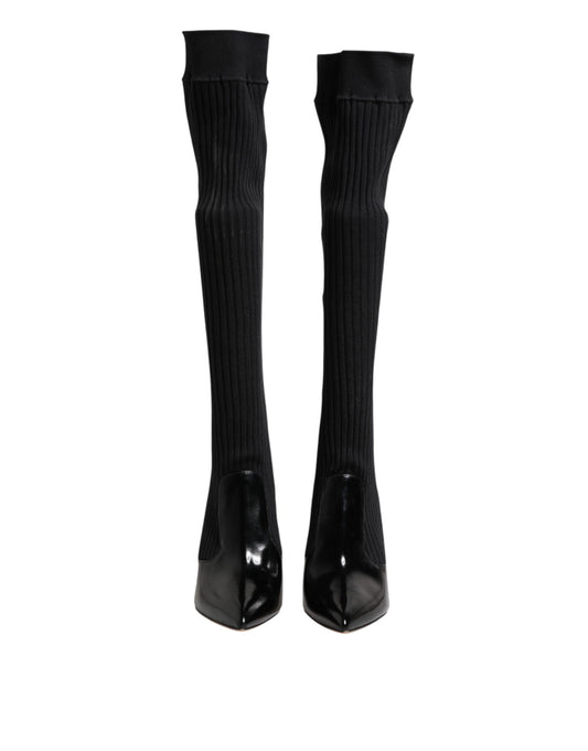 Dolce & Gabbana – Kniehohe Stiefel aus geripptem Strick in Schwarz