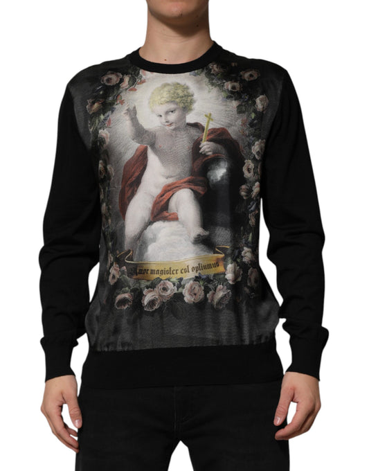 Dolce & Gabbana – Schwarzer Kaschmirpullover mit Cherub-Print und Barock-Print