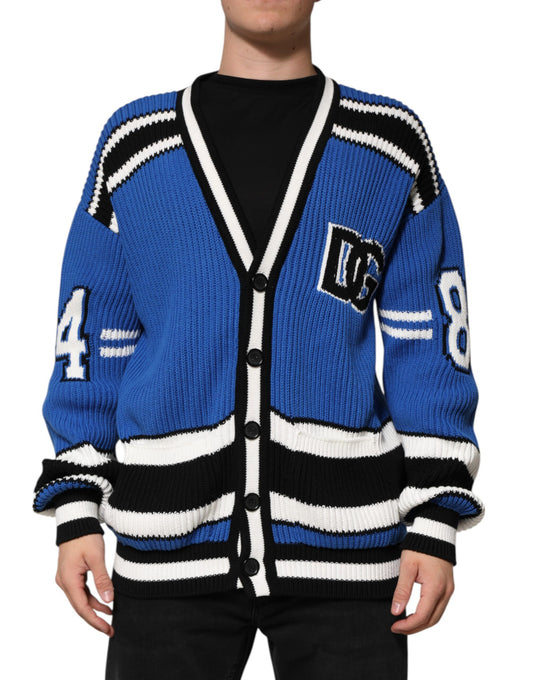 Dolce & Gabbana – Blauer Cardigan aus gerippter Baumwolle mit Logo-Patch