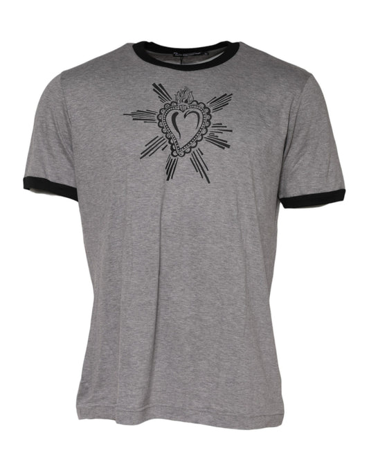 Dolce & Gabbana Graues T-Shirt aus Baumwolle mit Rundhalsausschnitt „Sacred Heart“