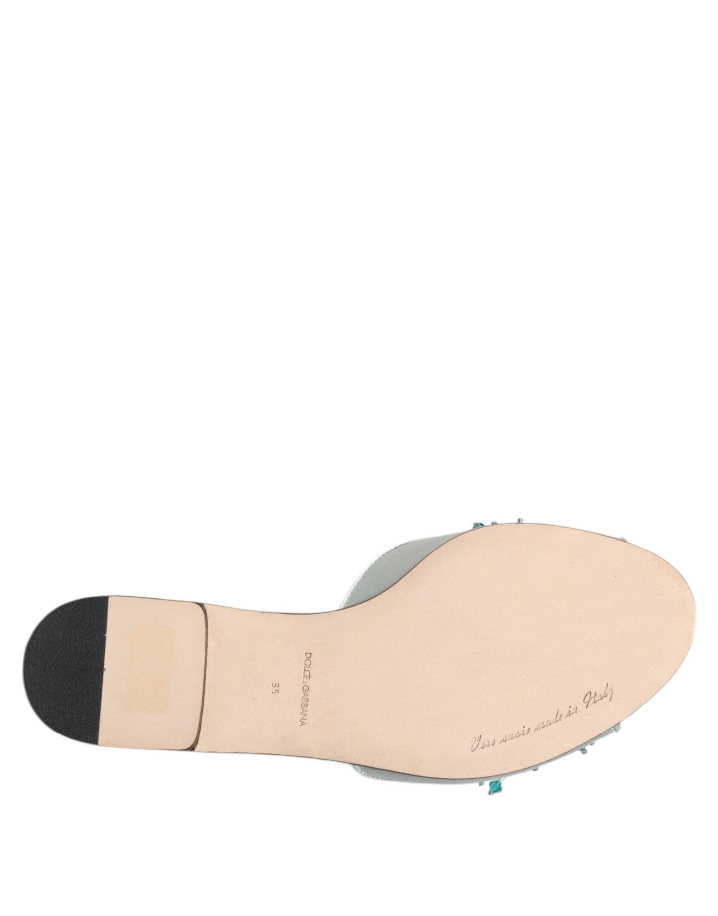 Dolce & Gabbana – Silberblaue Slider aus Leder mit Perlenverzierung