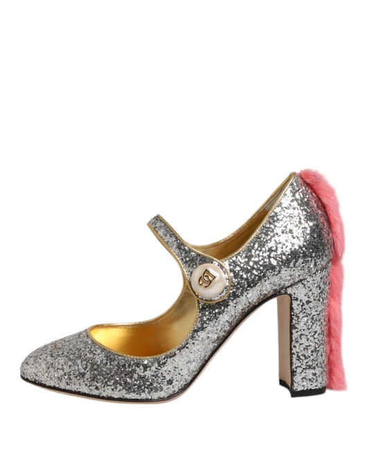 Dolce & Gabbana Silver Glitter Mink Fur VALLY Pumps Shoes
