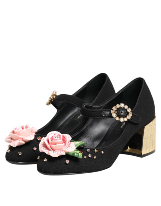 Dolce & Gabbana – Schwarze Mary-Jane-Schuhe mit Blumen- und Kristallverzierung