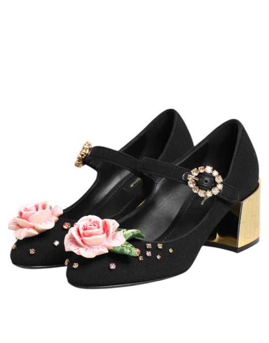 Dolce & Gabbana – Schwarze Mary-Jane-Schuhe mit Blumen- und Kristallverzierung