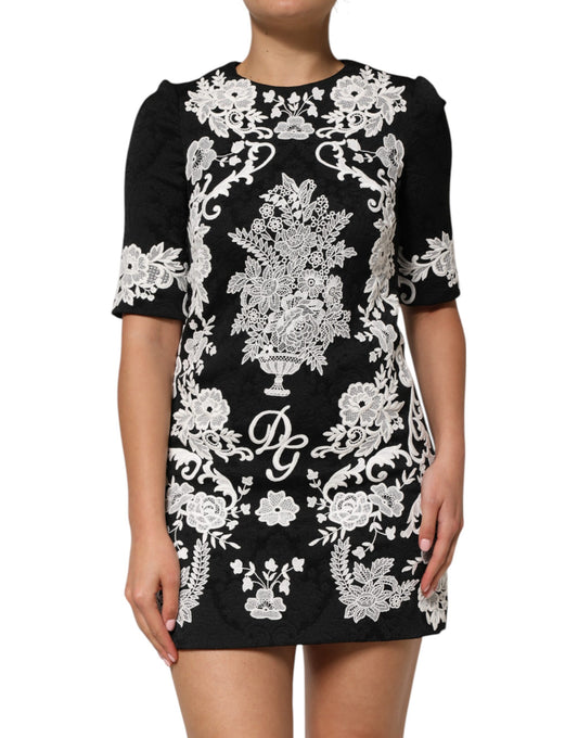 Dolce & Gabbana – Schwarzes A-Linien-Kleid mit kurzen Ärmeln und Spitzenbesatz