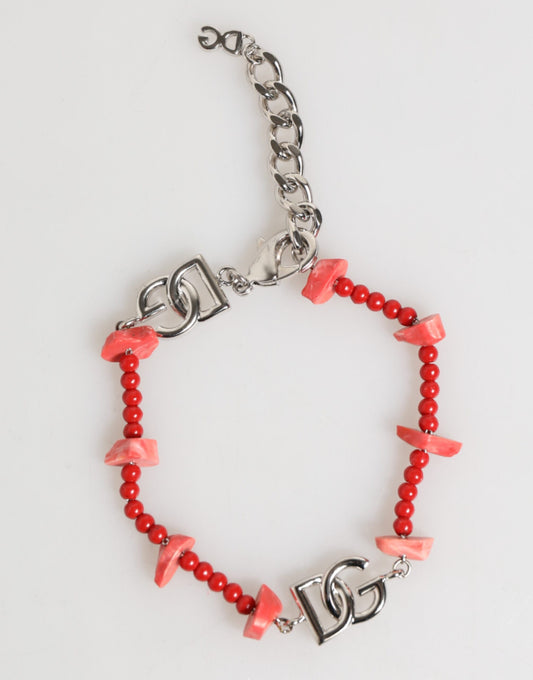 Dolce & Gabbana Silberfarbenes Messingperlen-Harz-DG-Logo-Kettenarmband für Herren