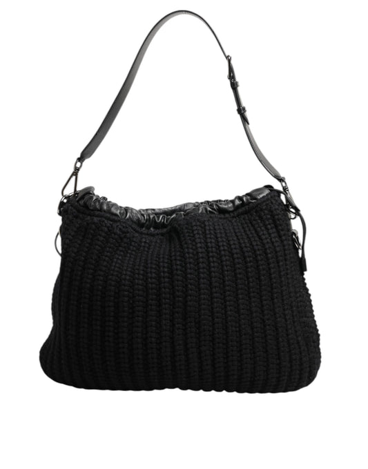Dolce & Gabbana Black Cashmere Knitted Leather Shoulder Women Borse Bag