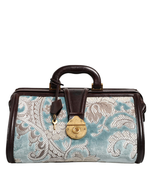 Dolce & Gabbana Blau-braune Reisehandtasche aus Leder mit Blumenmuster und Jacquard