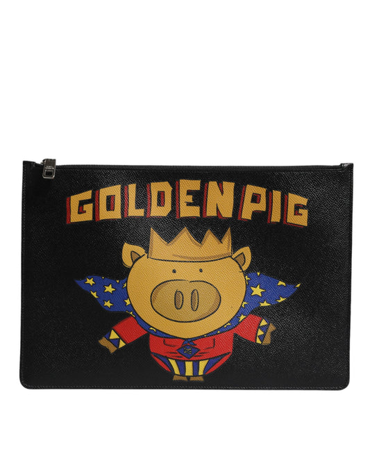 Dolce & Gabbana Schwarzes Leder Golden Pig Print Herren Clutch Tasche Borse Bag