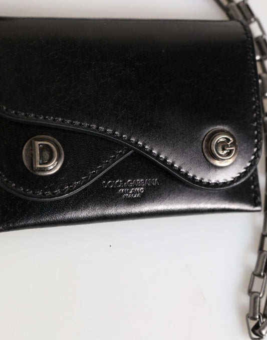 Dolce & Gabbana Black Cavallo Leather Wallet Chain Snap Bifold Card Holder