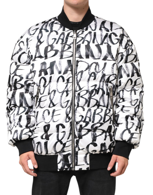 Dolce & Gabbana – Puffer-Bomberjacke mit Graffiti-Logo in Weiß und Schwarz