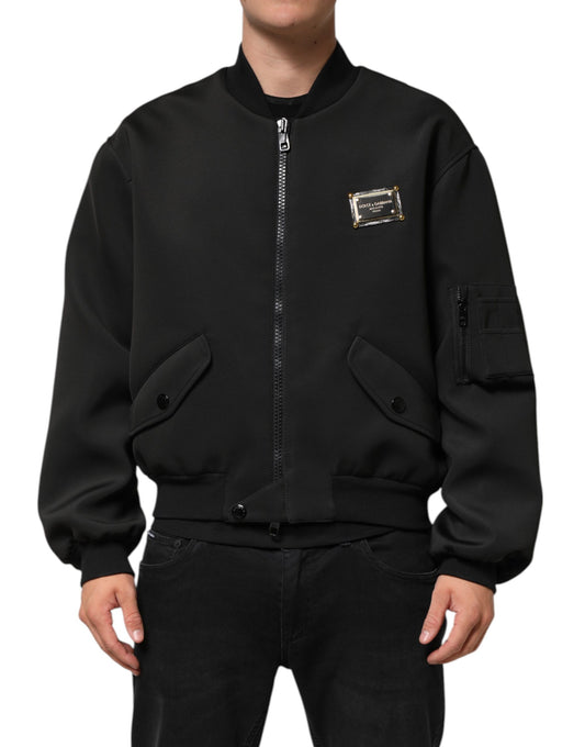 Dolce & Gabbana – Bomberjacke aus schwarzem Polyester mit Logo-Schild