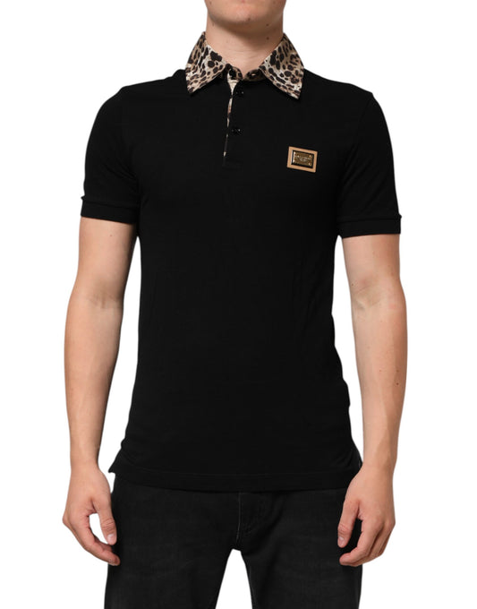 Dolce & Gabbana – Schwarzes Poloshirt aus Baumwolle mit Leopardenkragen