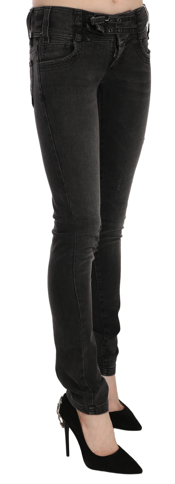 John Galliano – Schwarze, verwaschene Jeans mit niedriger Taille und schmaler Passform