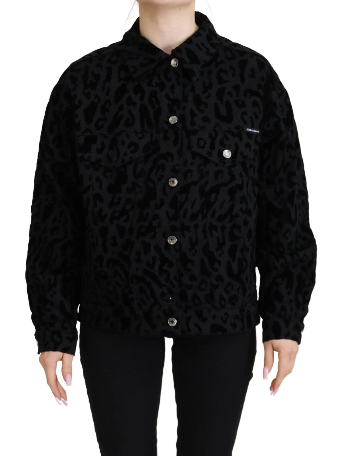 Dolce & Gabbana – Langärmlige Jeansjacke aus schwarzer Baumwolle mit Leopardenmuster