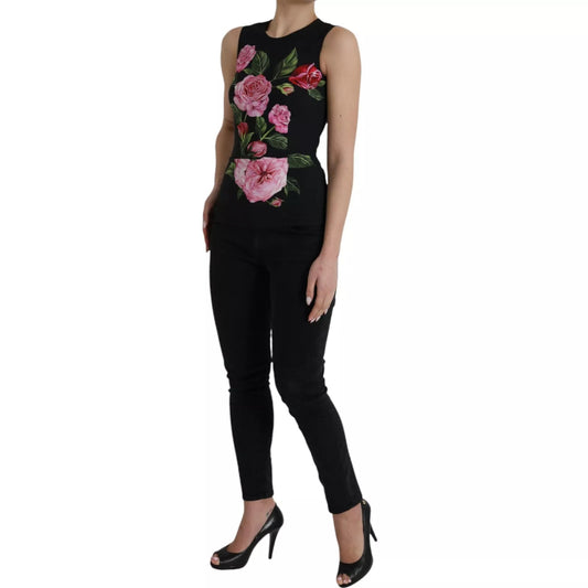 Dolce & Gabbana – Schwarzes Tanktop aus Viskose mit Blumenmuster und Rundhalsausschnitt