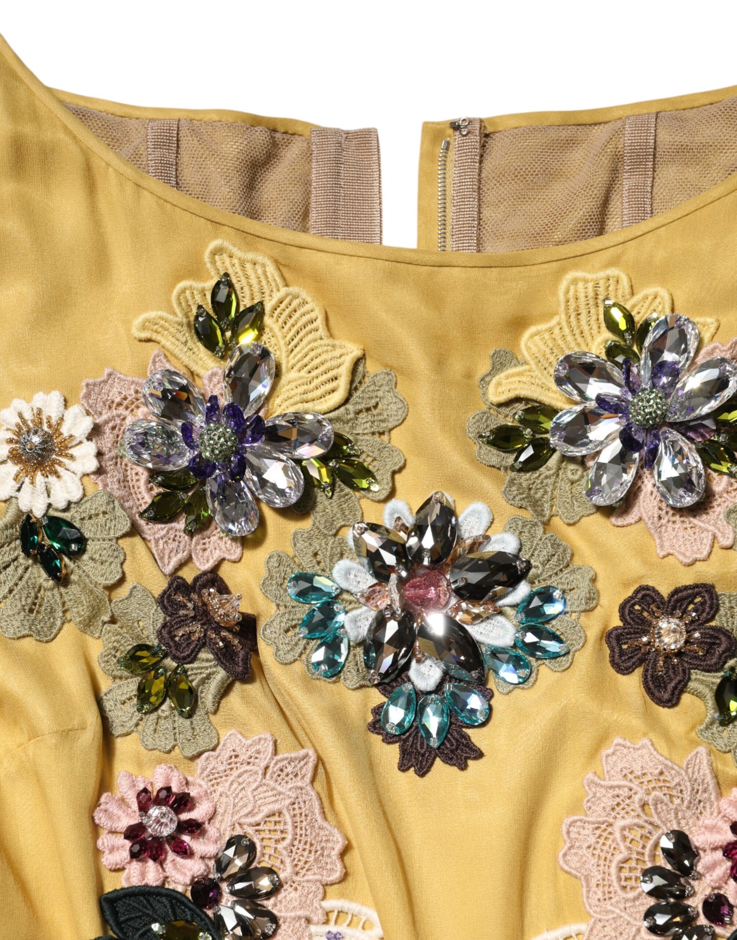 Dolce & Gabbana – Maxikleid aus gelber Seide mit Blumenstickerei