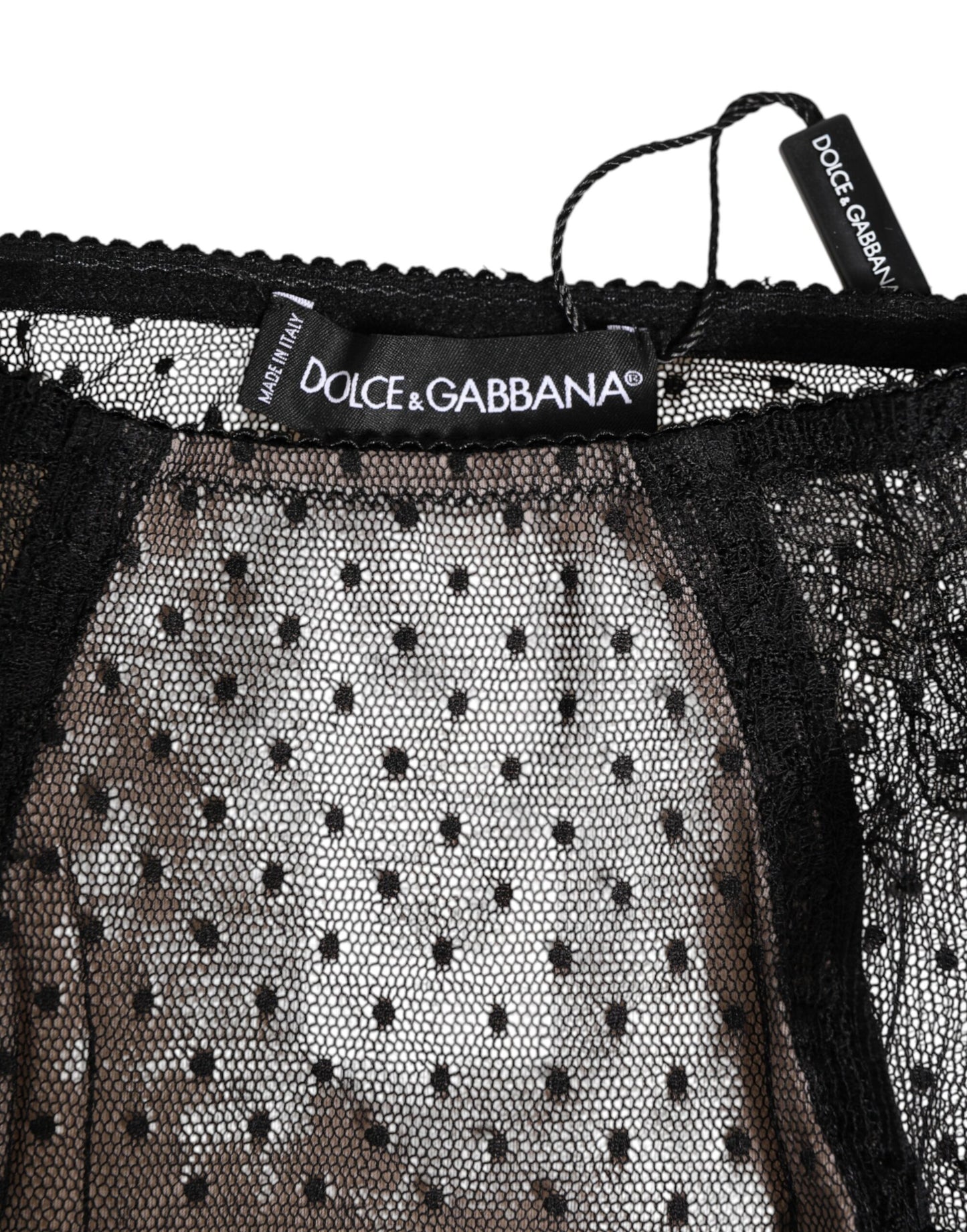 Dolce & Gabbana – Schwarze, transparente Spitzenunterwäsche mit Punkten und hoher Taille