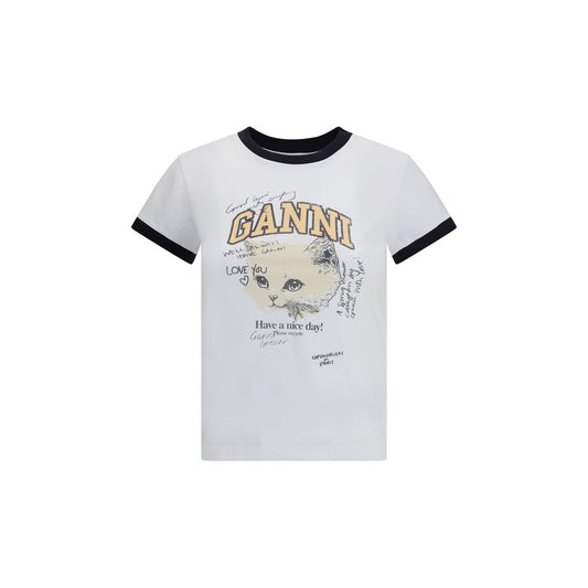 Ganni – T-Shirt mit Kätzchen-Print