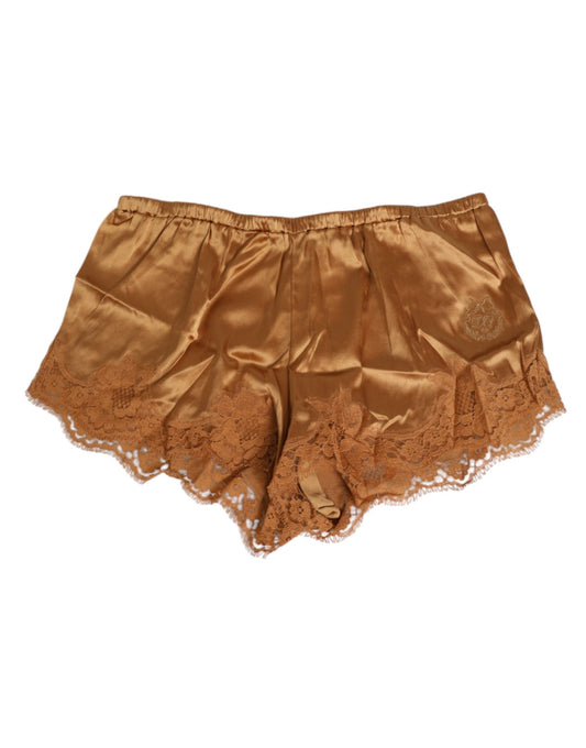 Dolce & Gabbana – Unterwäsche-Shorts aus braunem Seidensatin mit Blumenspitze