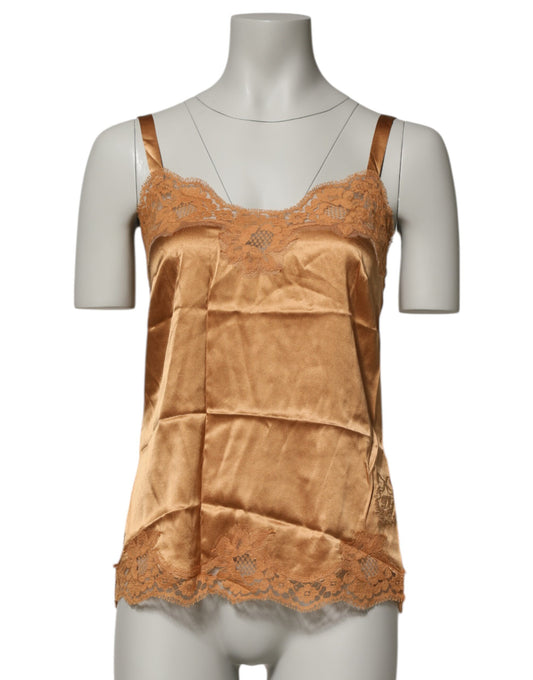 Dolce & Gabbana – Tanktop aus Seidensatin mit Blumenspitze in Braun