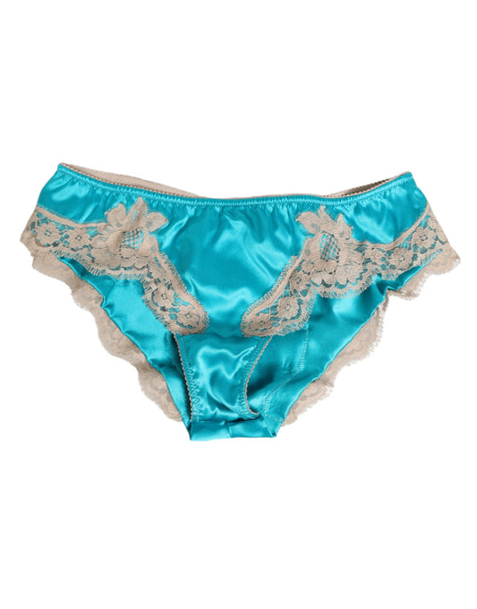 Dolce & Gabbana, blauer Seidensatin, floraler Spitzenbesatz, neuer Slip